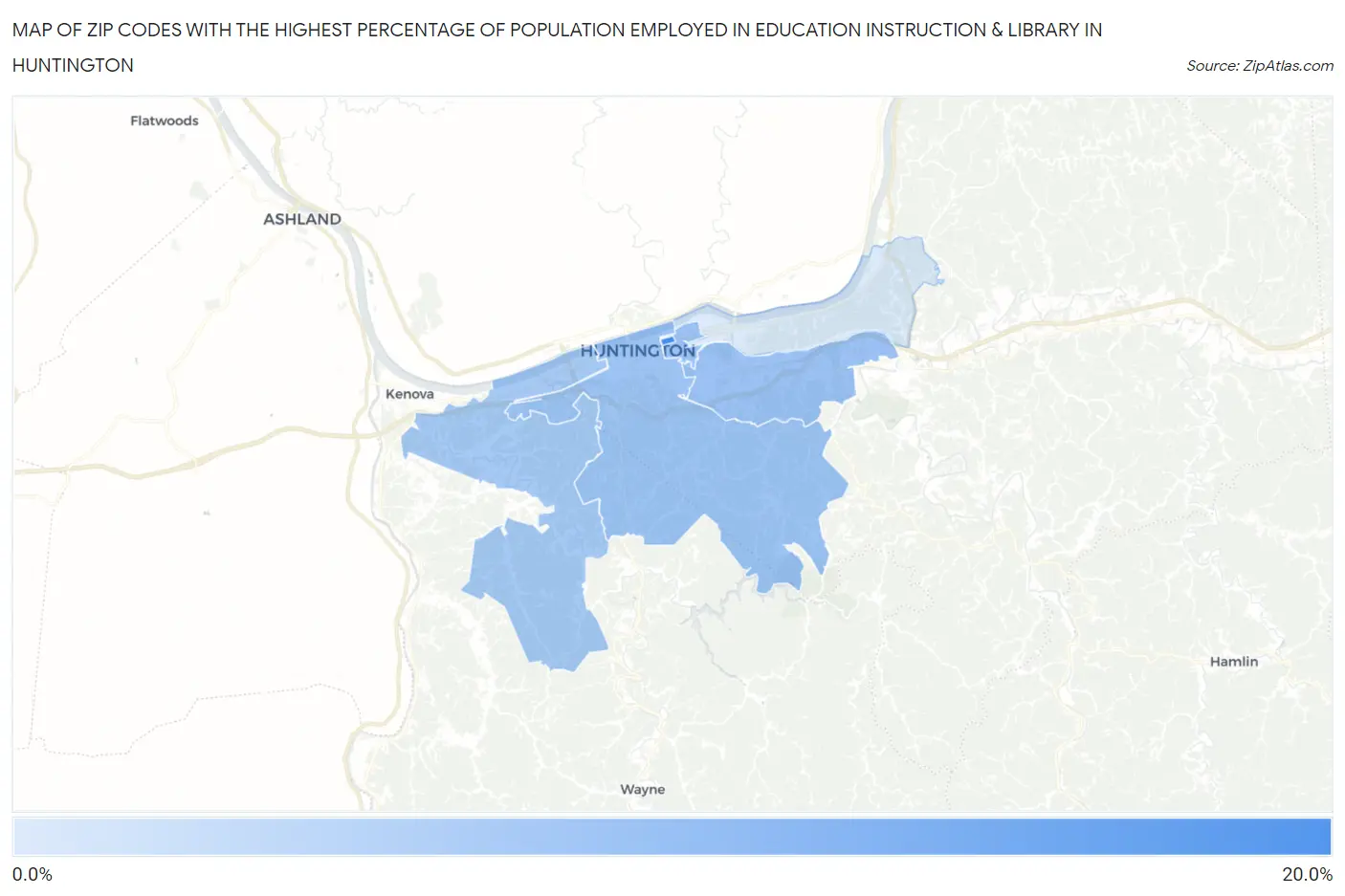 Zip Codes with the Highest Percentage of Population Employed in Education Instruction & Library in Huntington Map