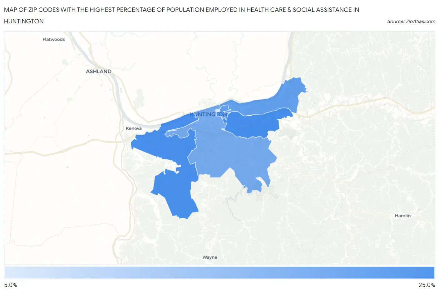 Zip Codes with the Highest Percentage of Population Employed in Health Care & Social Assistance in Huntington Map