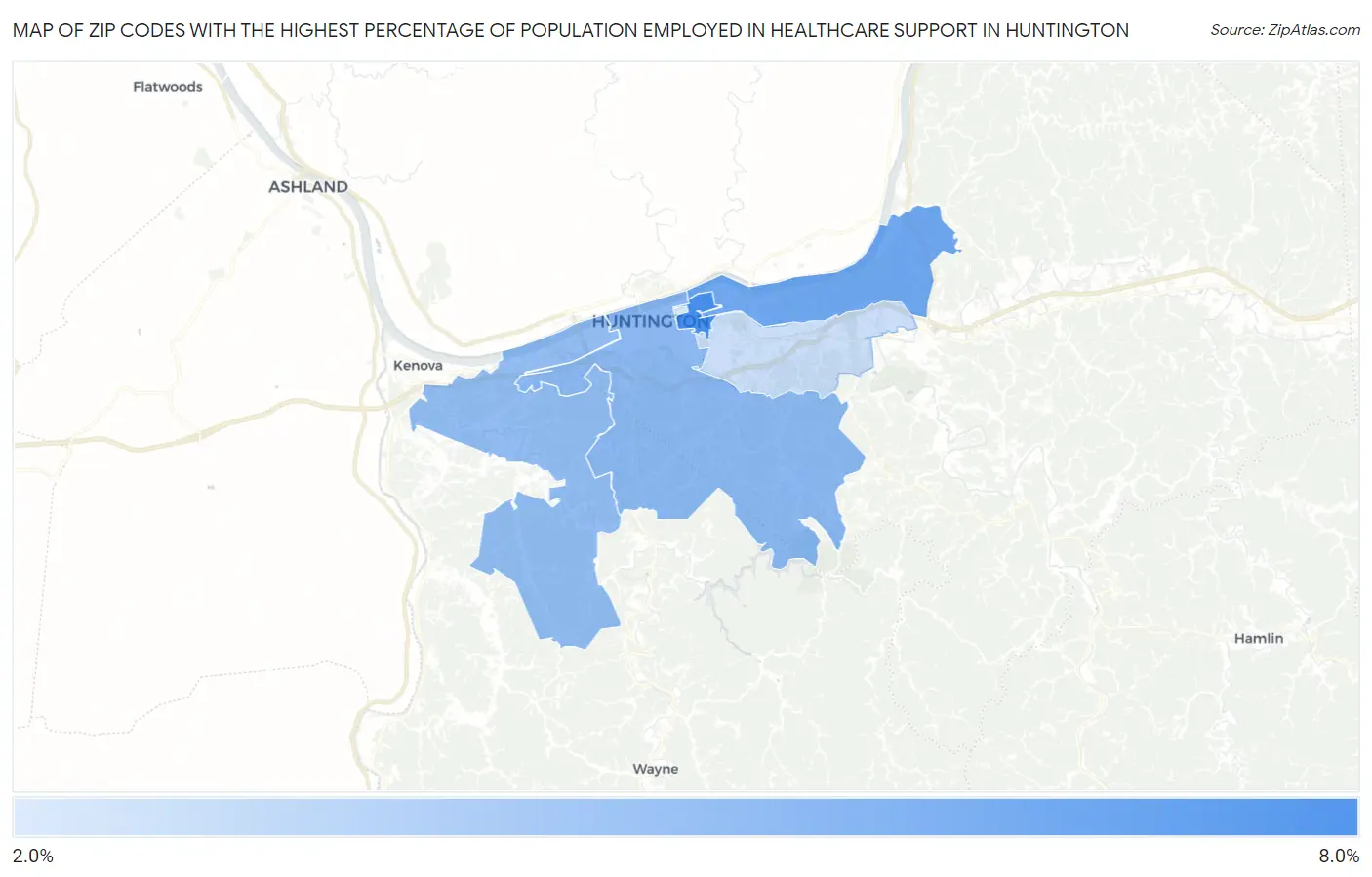 Zip Codes with the Highest Percentage of Population Employed in Healthcare Support in Huntington Map