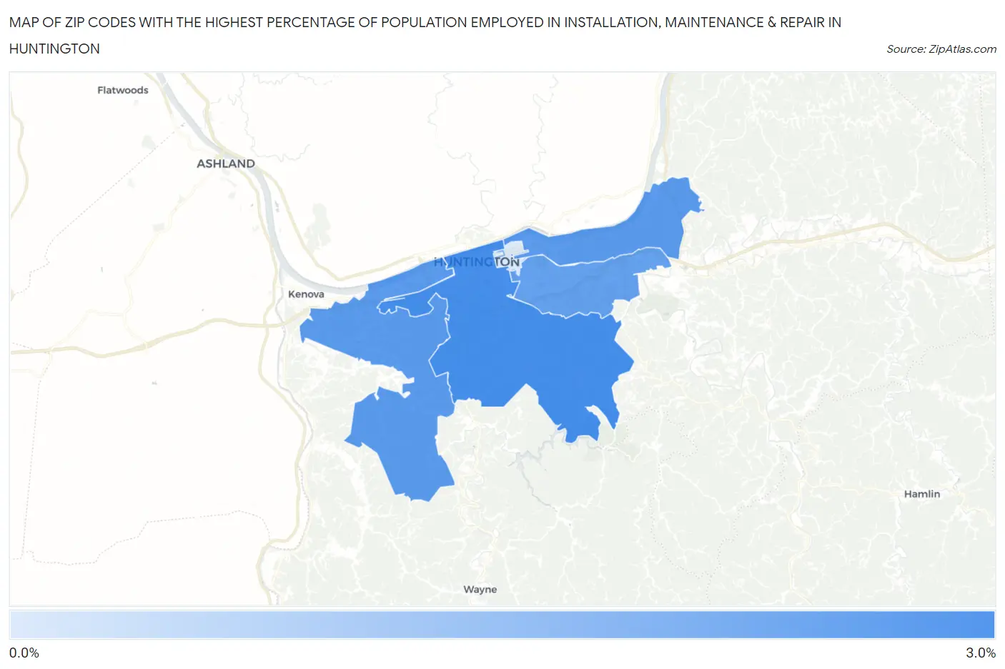 Zip Codes with the Highest Percentage of Population Employed in Installation, Maintenance & Repair in Huntington Map