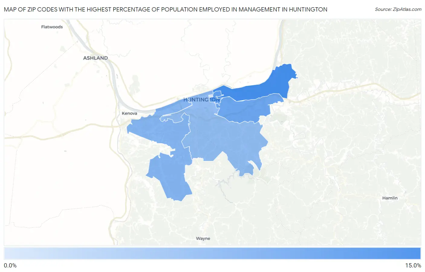 Zip Codes with the Highest Percentage of Population Employed in Management in Huntington Map