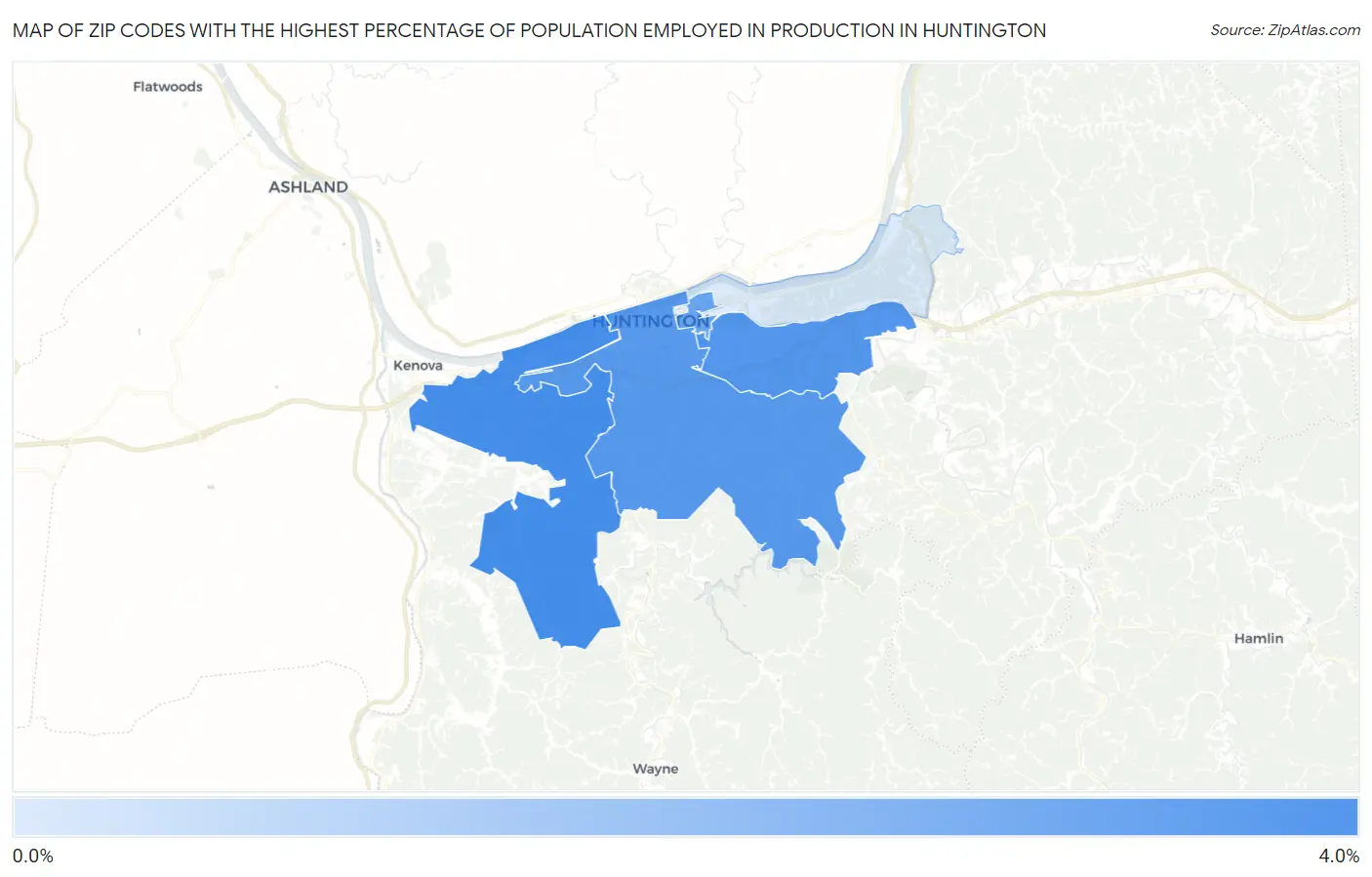 Zip Codes with the Highest Percentage of Population Employed in Production in Huntington Map