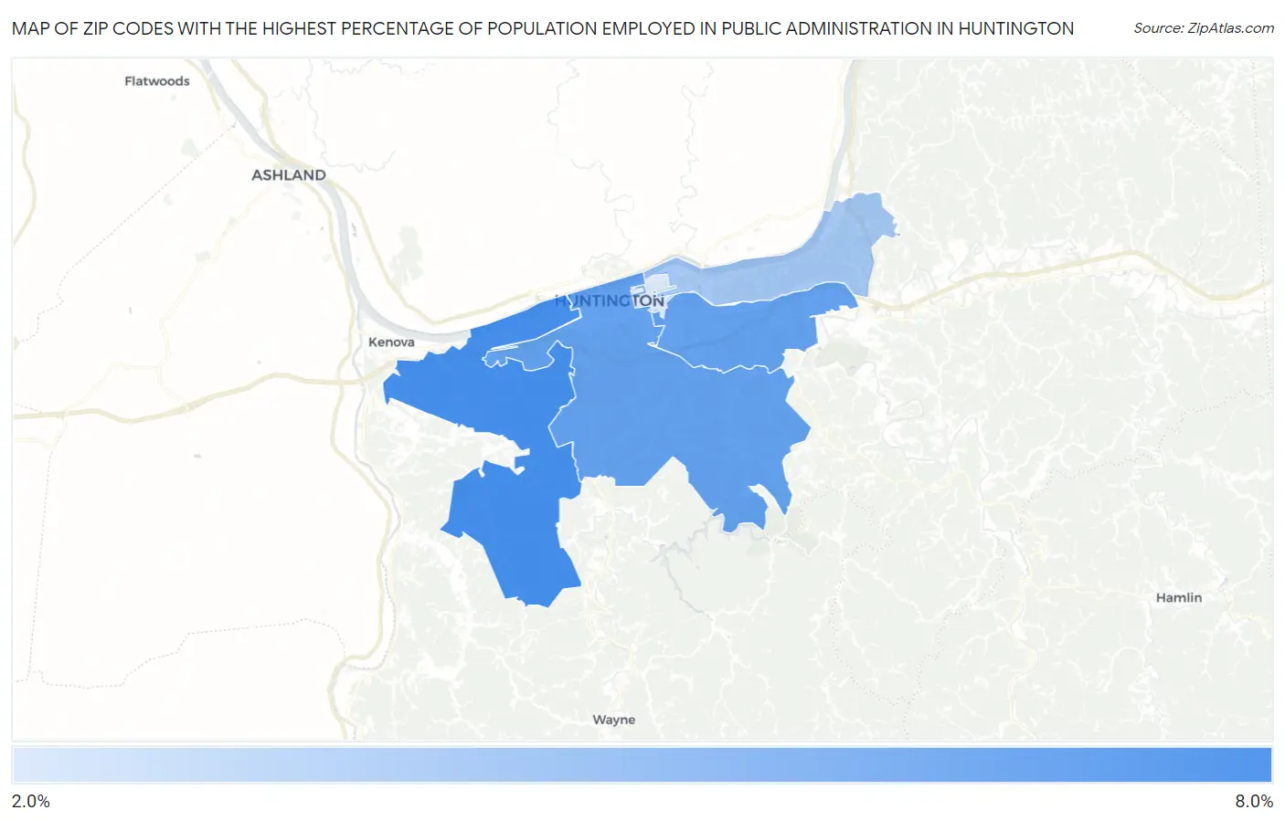 Zip Codes with the Highest Percentage of Population Employed in Public Administration in Huntington Map