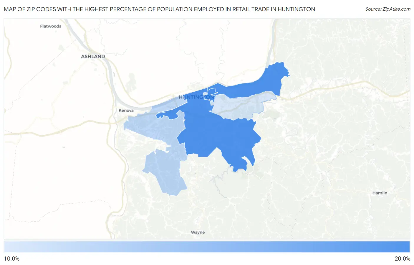 Zip Codes with the Highest Percentage of Population Employed in Retail Trade in Huntington Map