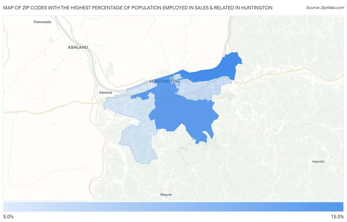 Zip Codes with the Highest Percentage of Population Employed in Sales & Related in Huntington Map