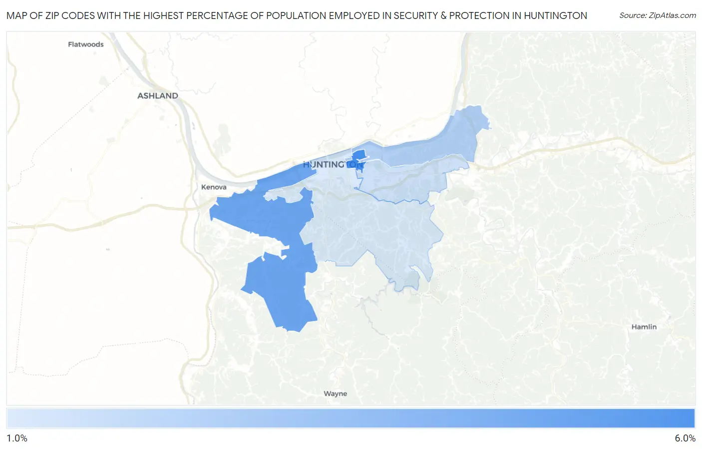 Zip Codes with the Highest Percentage of Population Employed in Security & Protection in Huntington Map