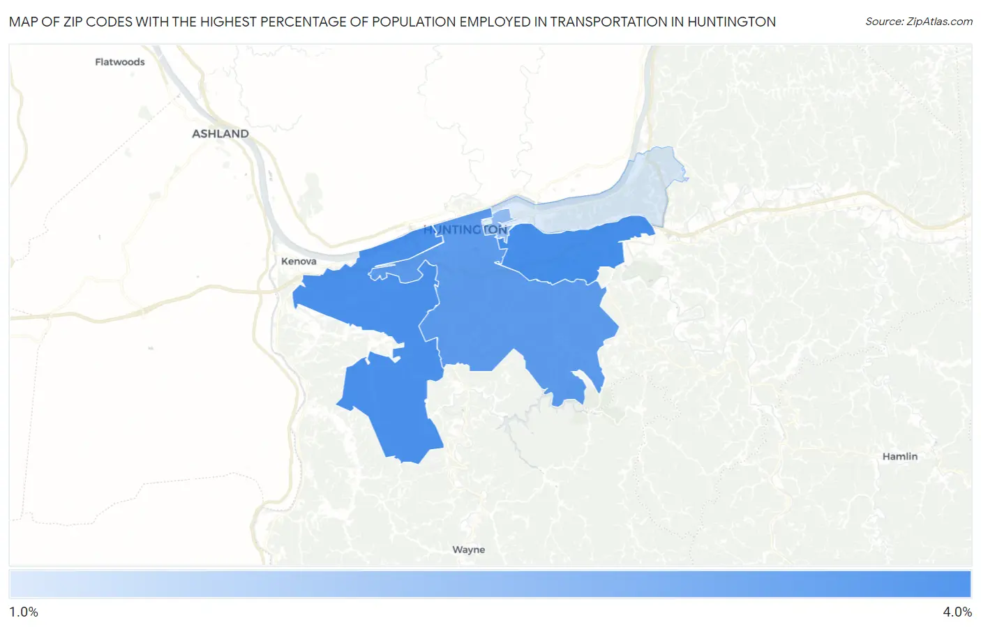 Zip Codes with the Highest Percentage of Population Employed in Transportation in Huntington Map