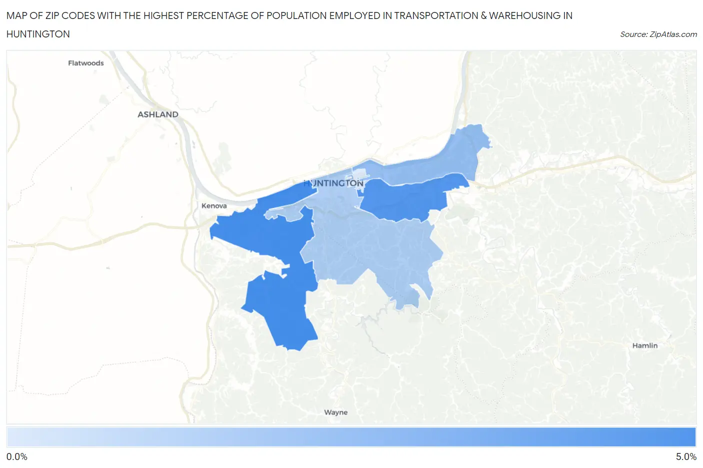 Zip Codes with the Highest Percentage of Population Employed in Transportation & Warehousing in Huntington Map