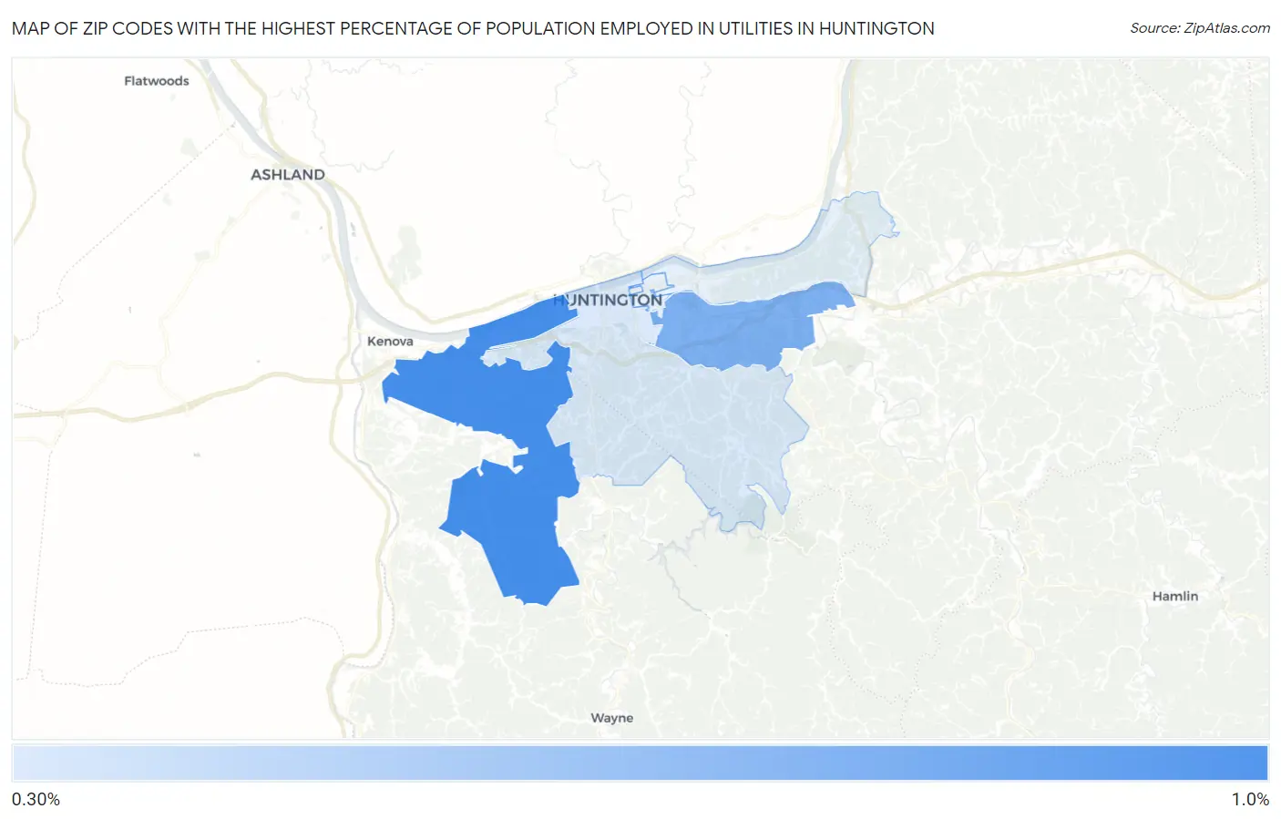 Zip Codes with the Highest Percentage of Population Employed in Utilities in Huntington Map