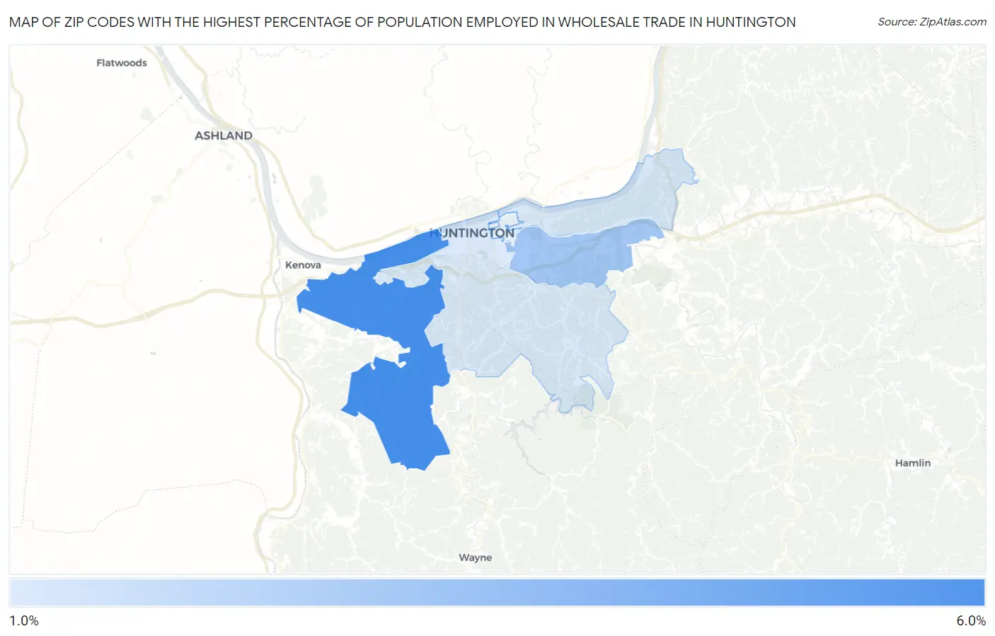 Zip Codes with the Highest Percentage of Population Employed in Wholesale Trade in Huntington Map