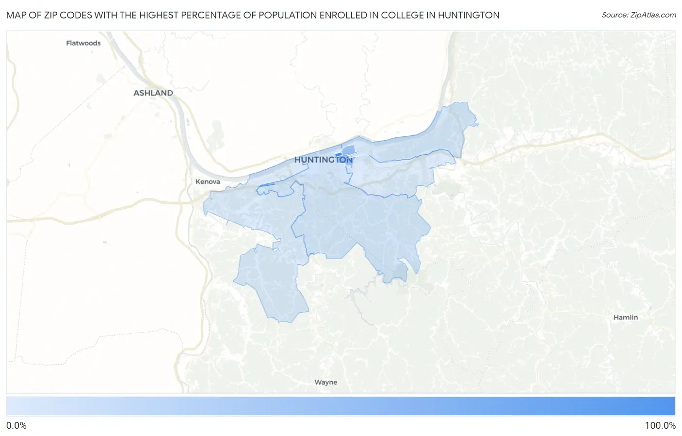 Zip Codes with the Highest Percentage of Population Enrolled in College in Huntington Map
