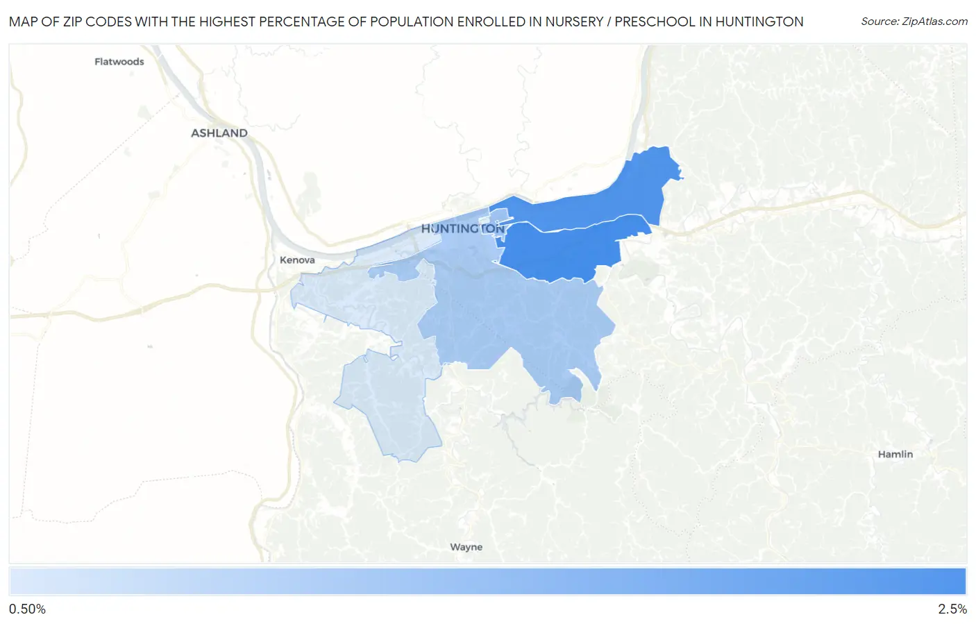 Zip Codes with the Highest Percentage of Population Enrolled in Nursery / Preschool in Huntington Map