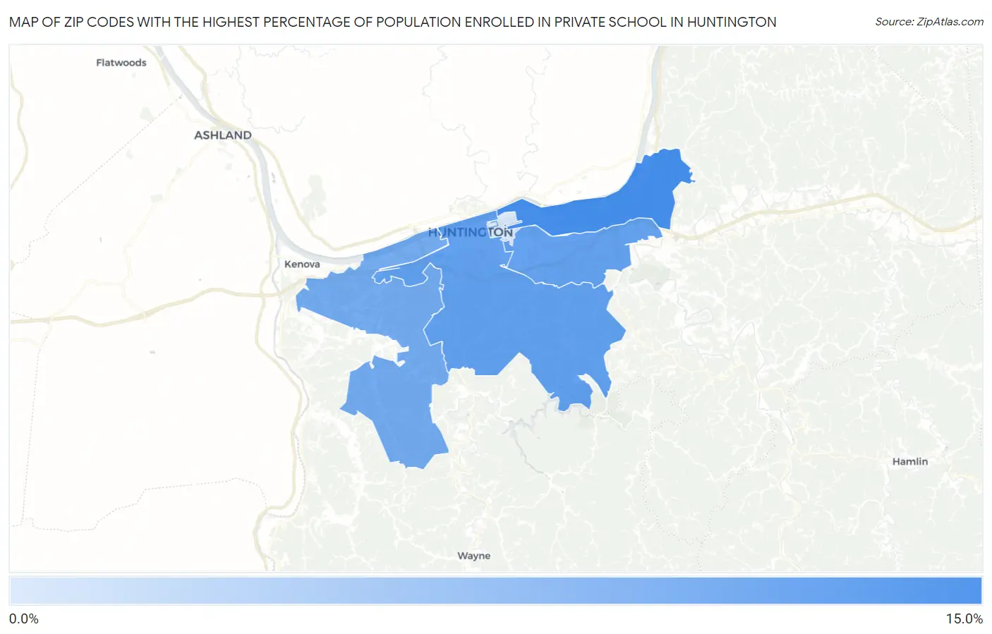 Zip Codes with the Highest Percentage of Population Enrolled in Private School in Huntington Map