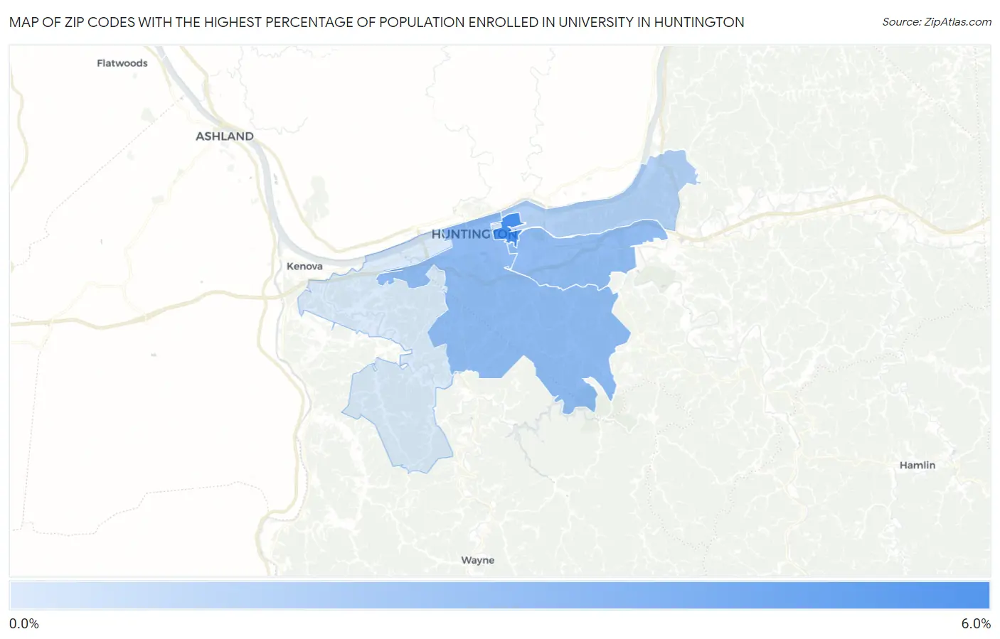 Zip Codes with the Highest Percentage of Population Enrolled in University in Huntington Map