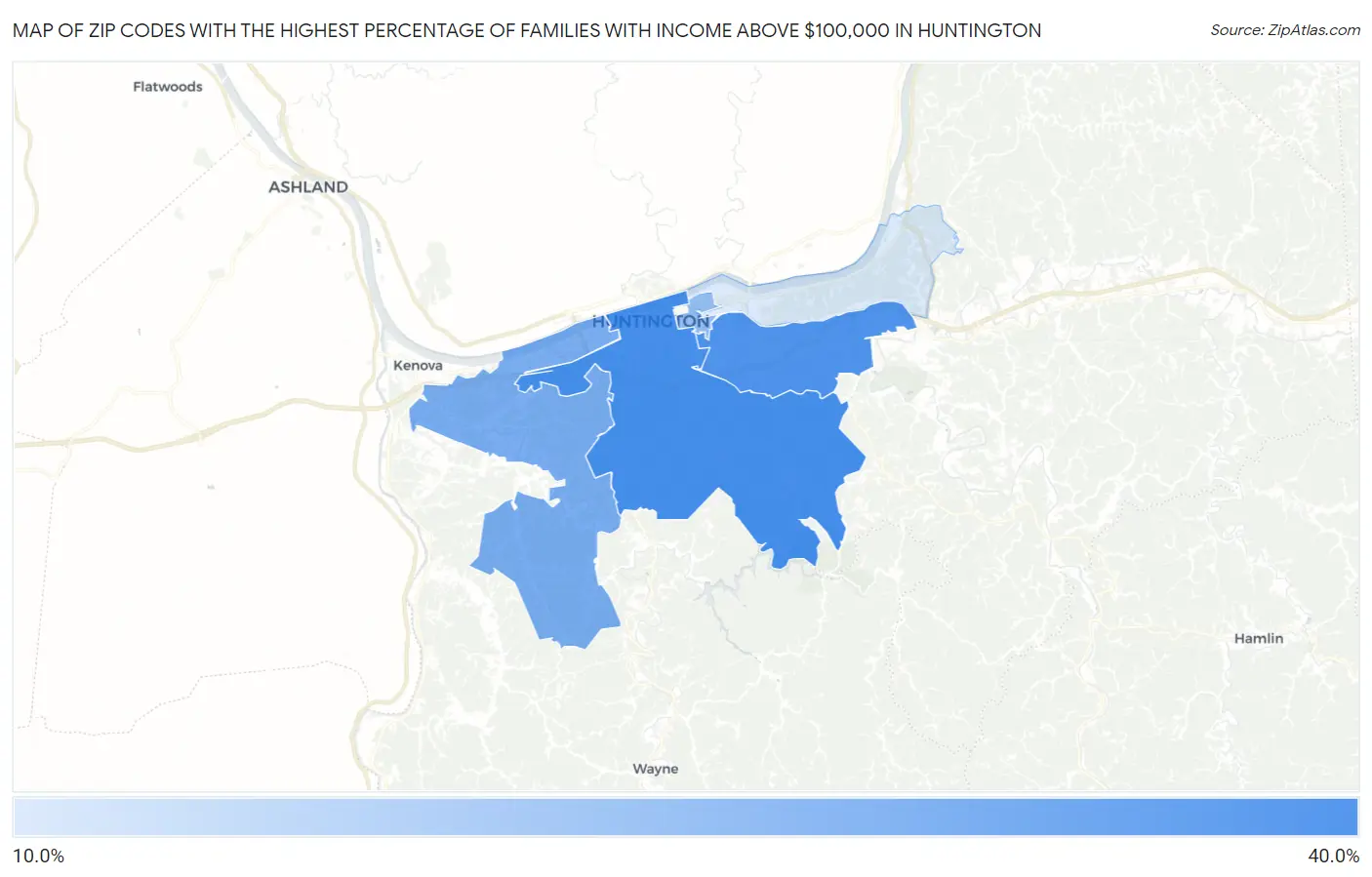 Zip Codes with the Highest Percentage of Families with Income Above $100,000 in Huntington Map