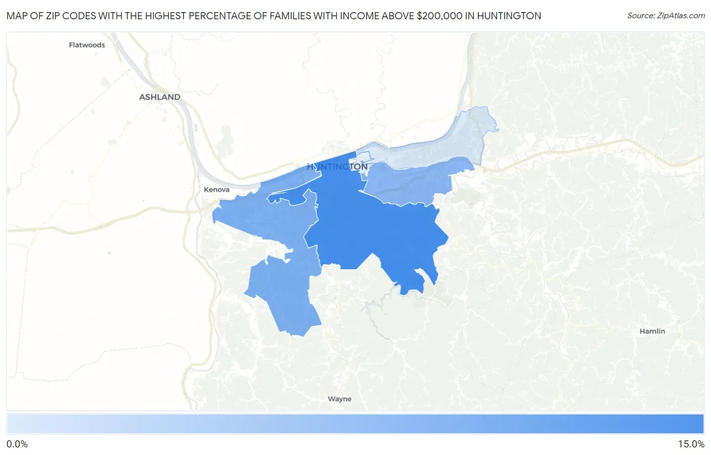 Zip Codes with the Highest Percentage of Families with Income Above $200,000 in Huntington Map