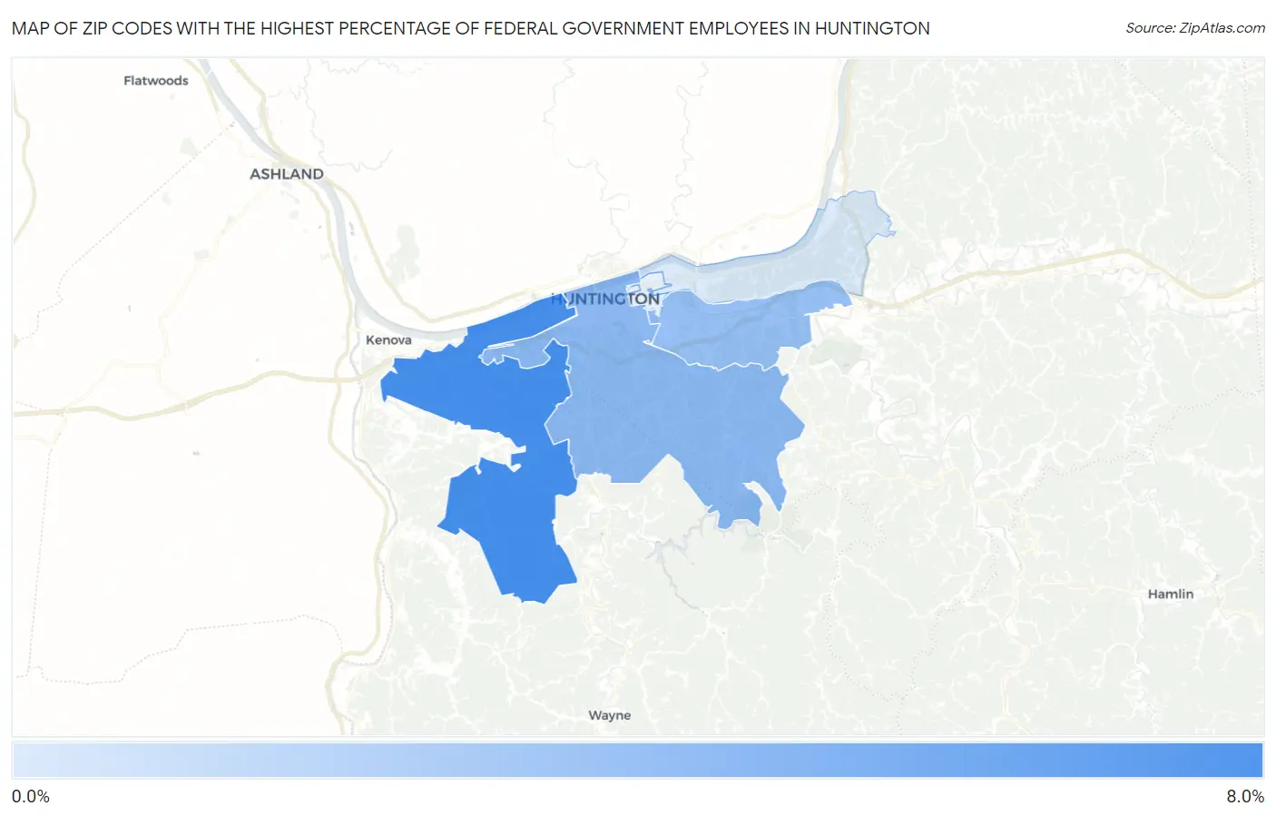 Zip Codes with the Highest Percentage of Federal Government Employees in Huntington Map