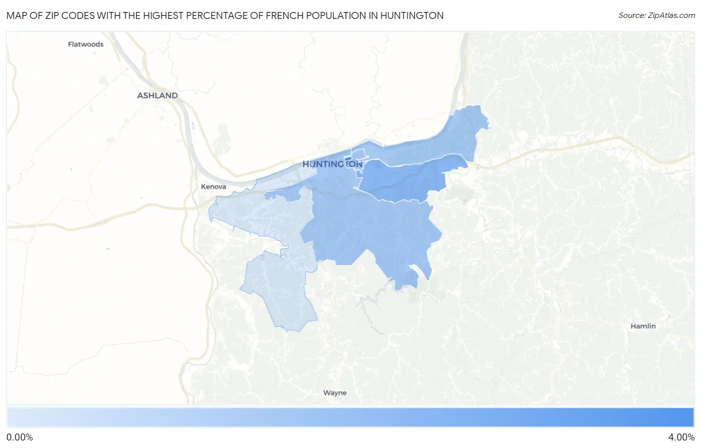Zip Codes with the Highest Percentage of French Population in Huntington Map
