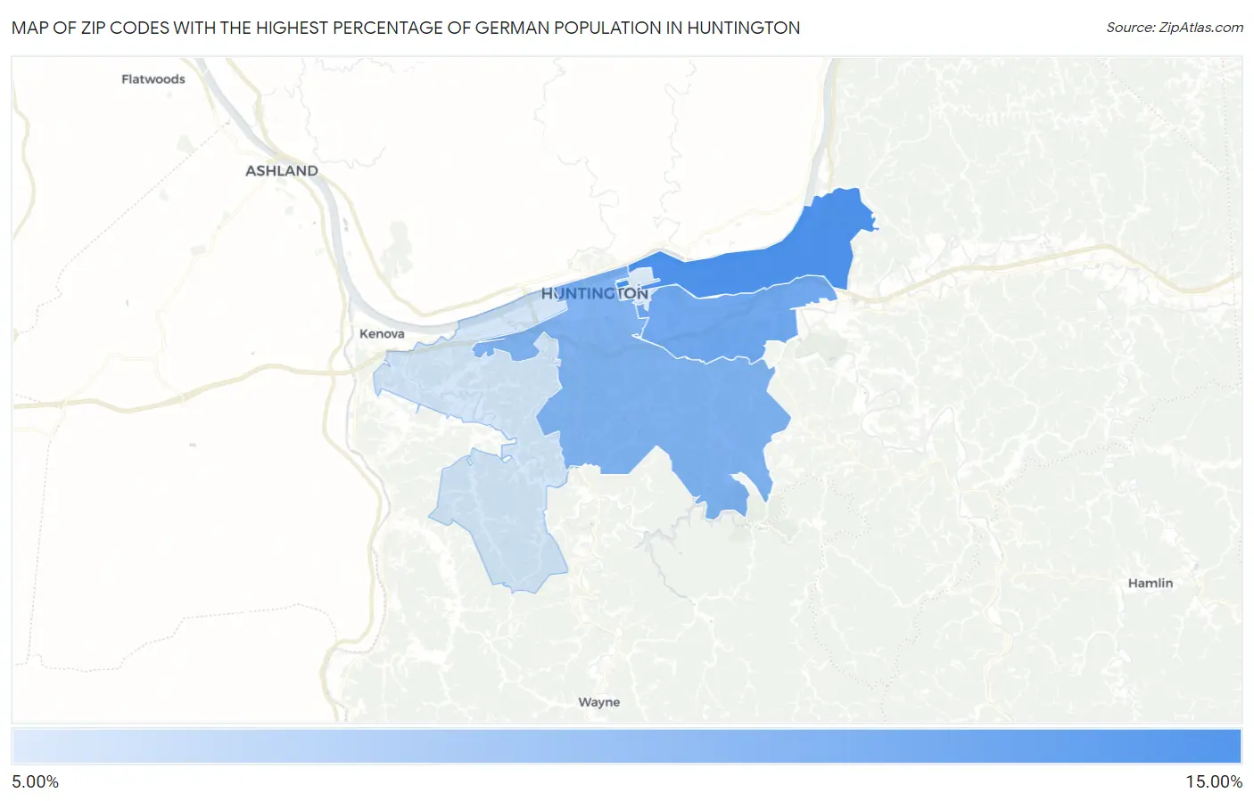 Zip Codes with the Highest Percentage of German Population in Huntington Map