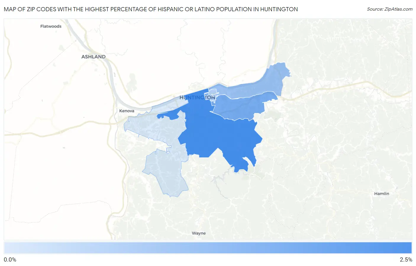 Zip Codes with the Highest Percentage of Hispanic or Latino Population in Huntington Map
