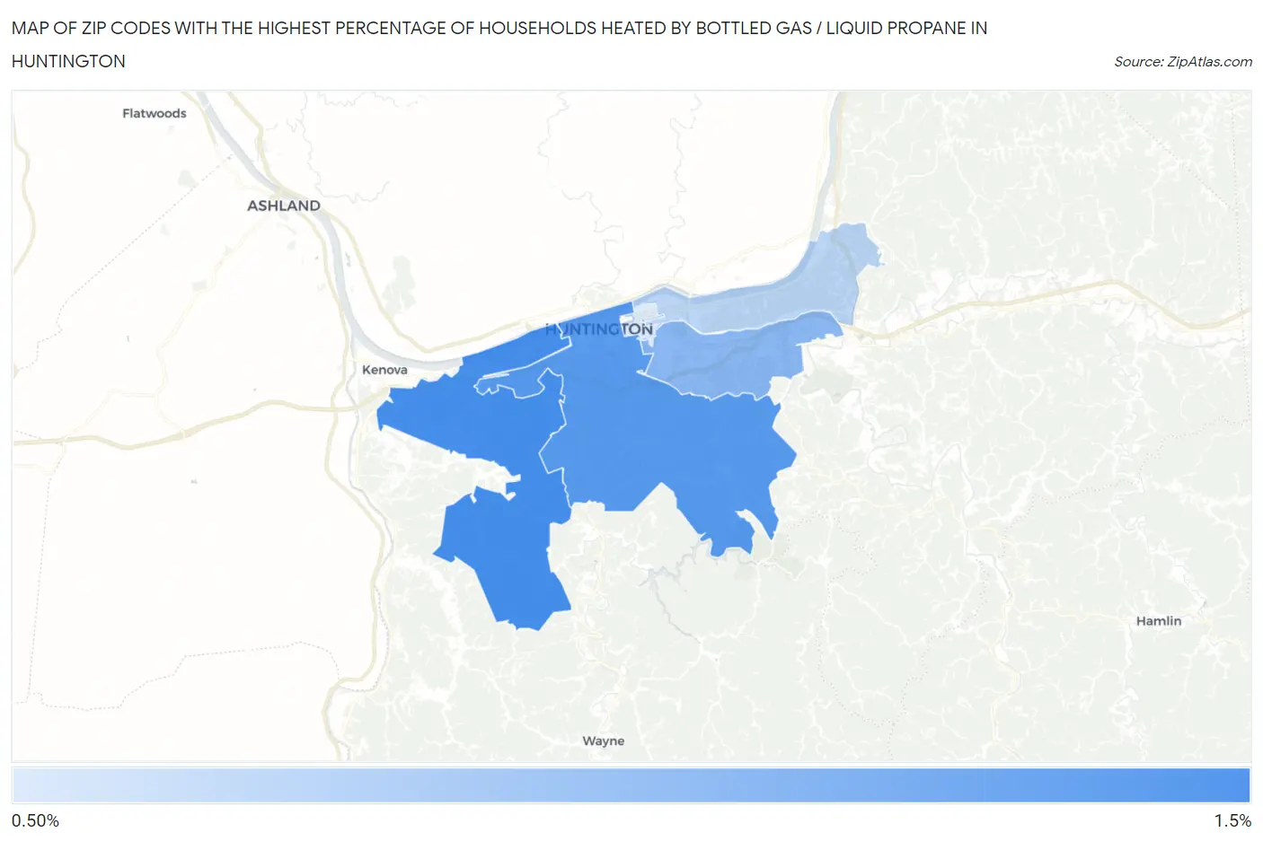 Zip Codes with the Highest Percentage of Households Heated by Bottled Gas / Liquid Propane in Huntington Map