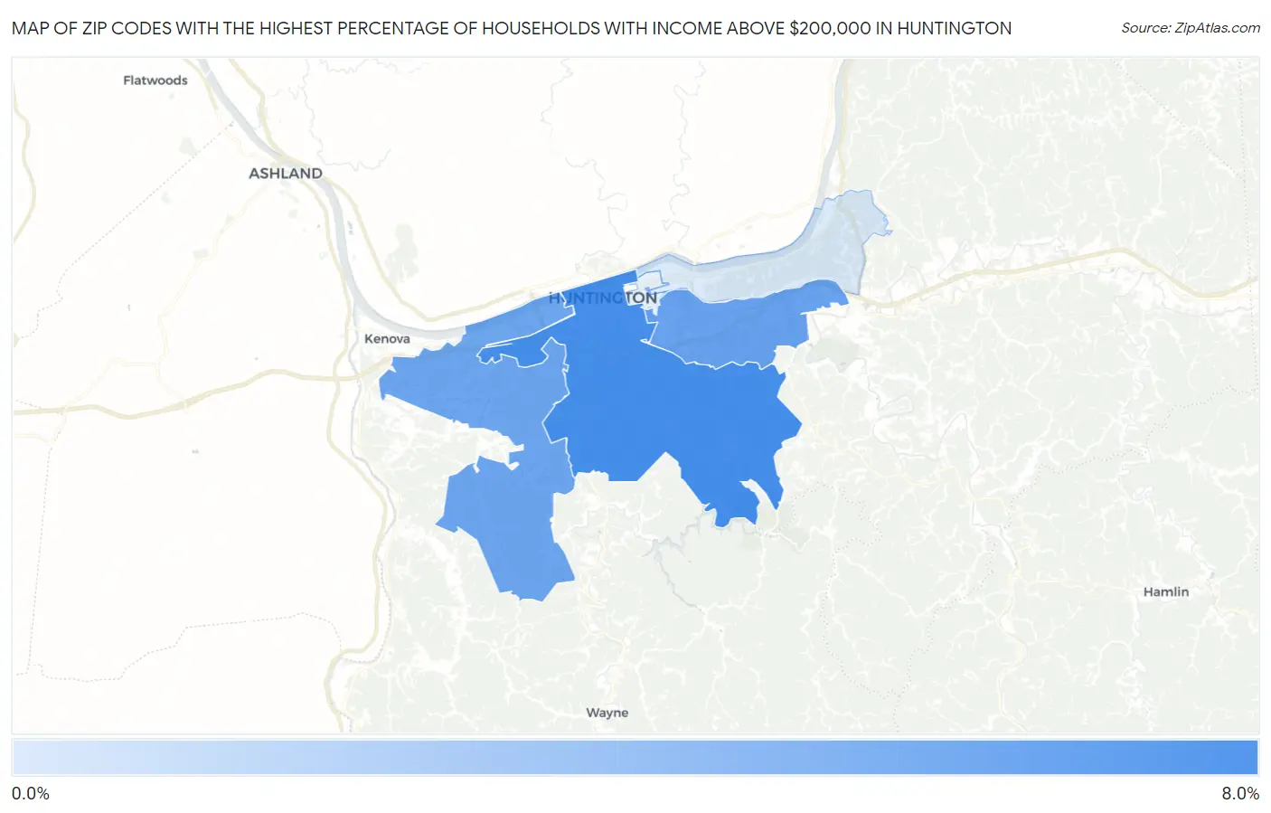 Zip Codes with the Highest Percentage of Households with Income Above $200,000 in Huntington Map