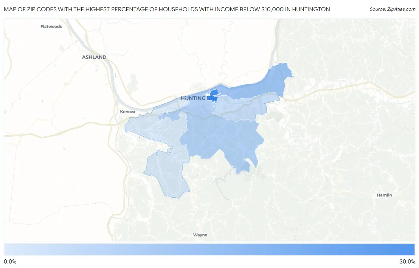 Zip Codes with the Highest Percentage of Households with Income Below $10,000 in Huntington Map
