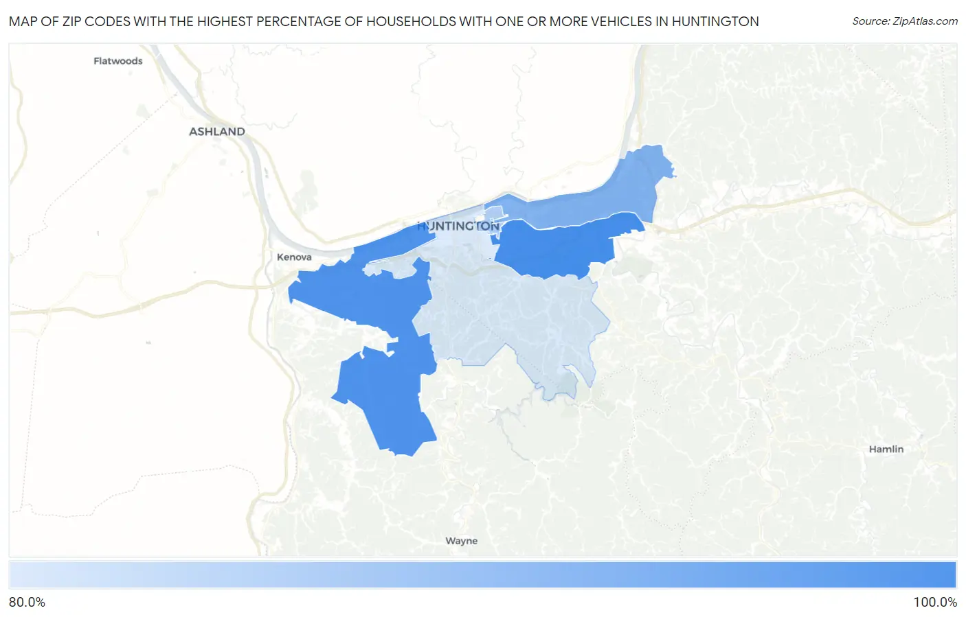 Zip Codes with the Highest Percentage of Households With One or more Vehicles in Huntington Map