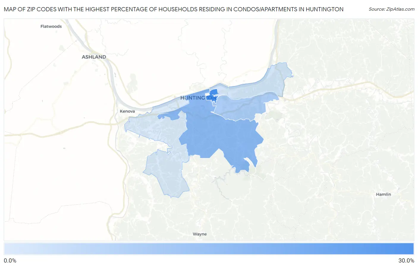 Zip Codes with the Highest Percentage of Households Residing in Condos/Apartments in Huntington Map