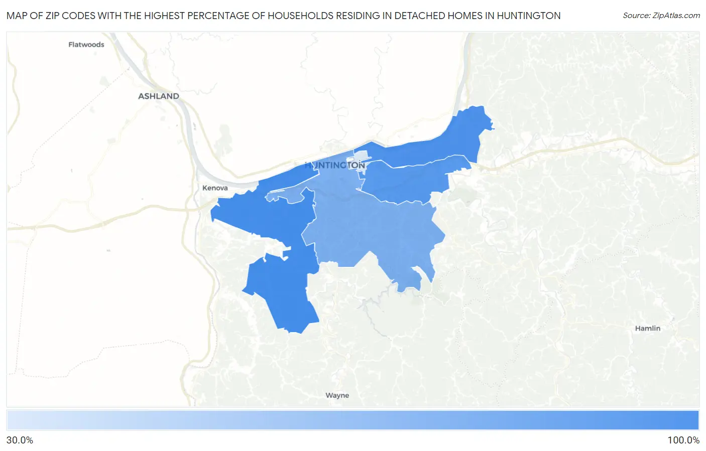 Zip Codes with the Highest Percentage of Households Residing in Detached Homes in Huntington Map