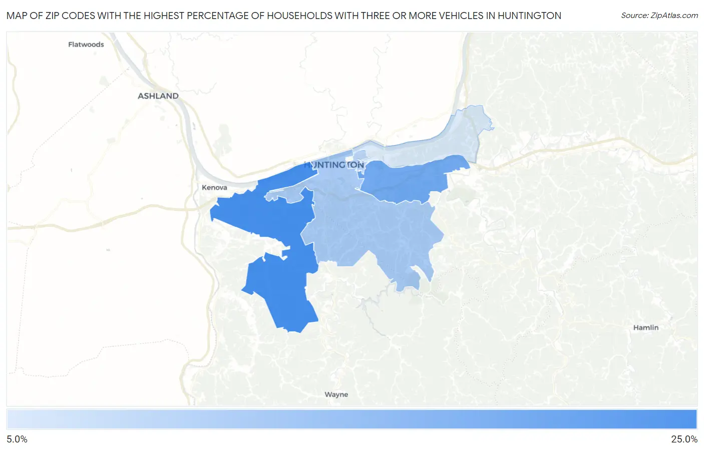 Zip Codes with the Highest Percentage of Households With Three or more Vehicles in Huntington Map
