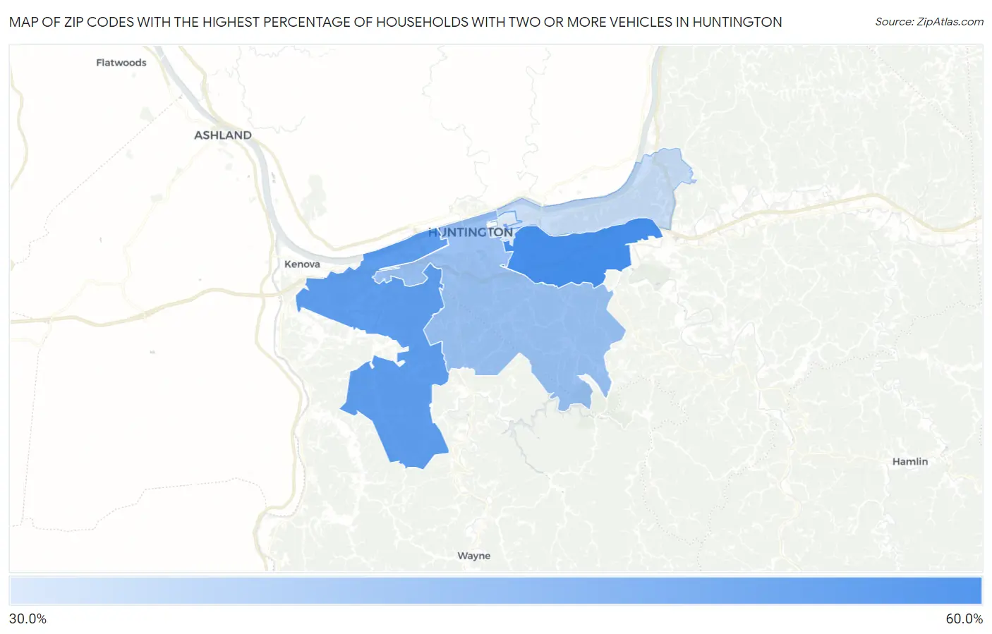 Zip Codes with the Highest Percentage of Households With Two or more Vehicles in Huntington Map