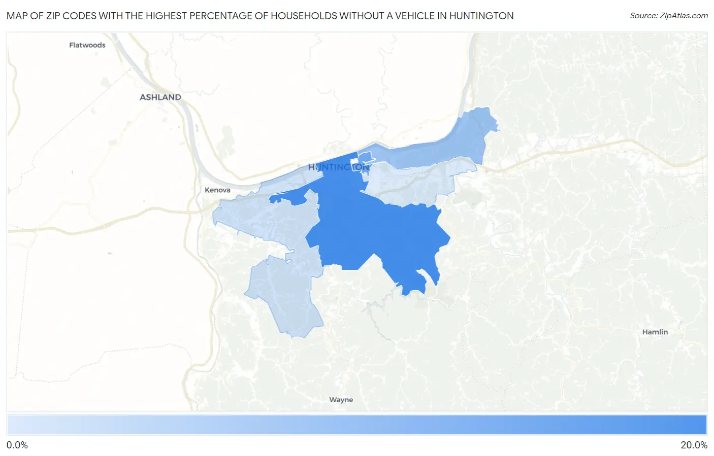 Zip Codes with the Highest Percentage of Households Without a Vehicle in Huntington Map