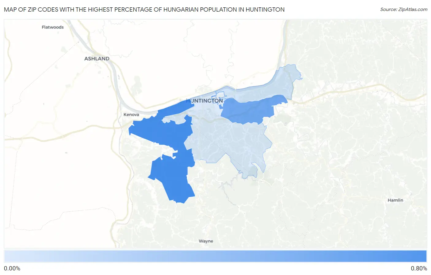 Zip Codes with the Highest Percentage of Hungarian Population in Huntington Map