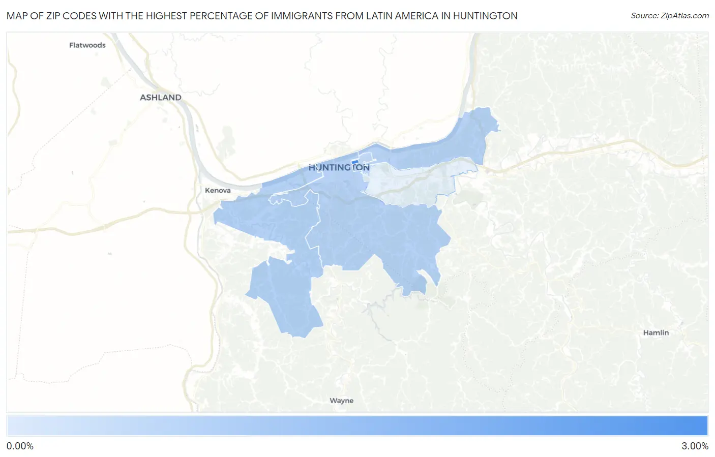 Zip Codes with the Highest Percentage of Immigrants from Latin America in Huntington Map