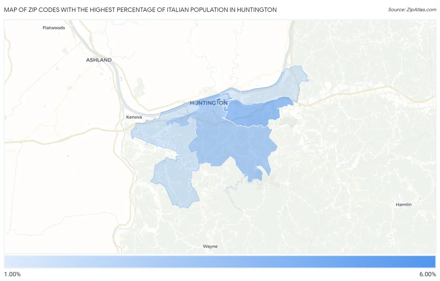 Zip Codes with the Highest Percentage of Italian Population in Huntington Map