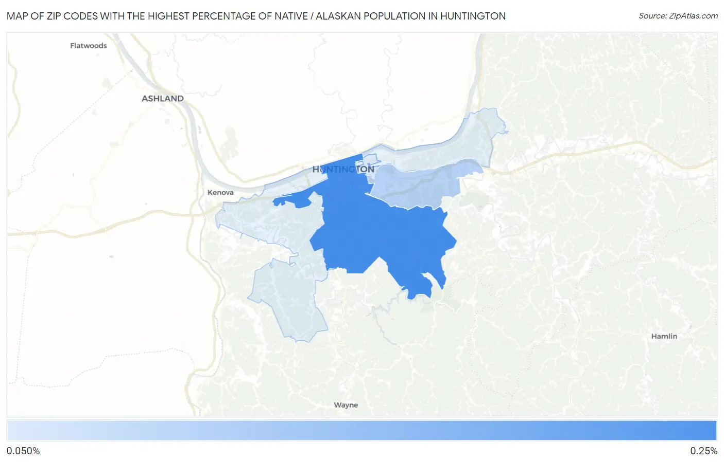 Zip Codes with the Highest Percentage of Native / Alaskan Population in Huntington Map