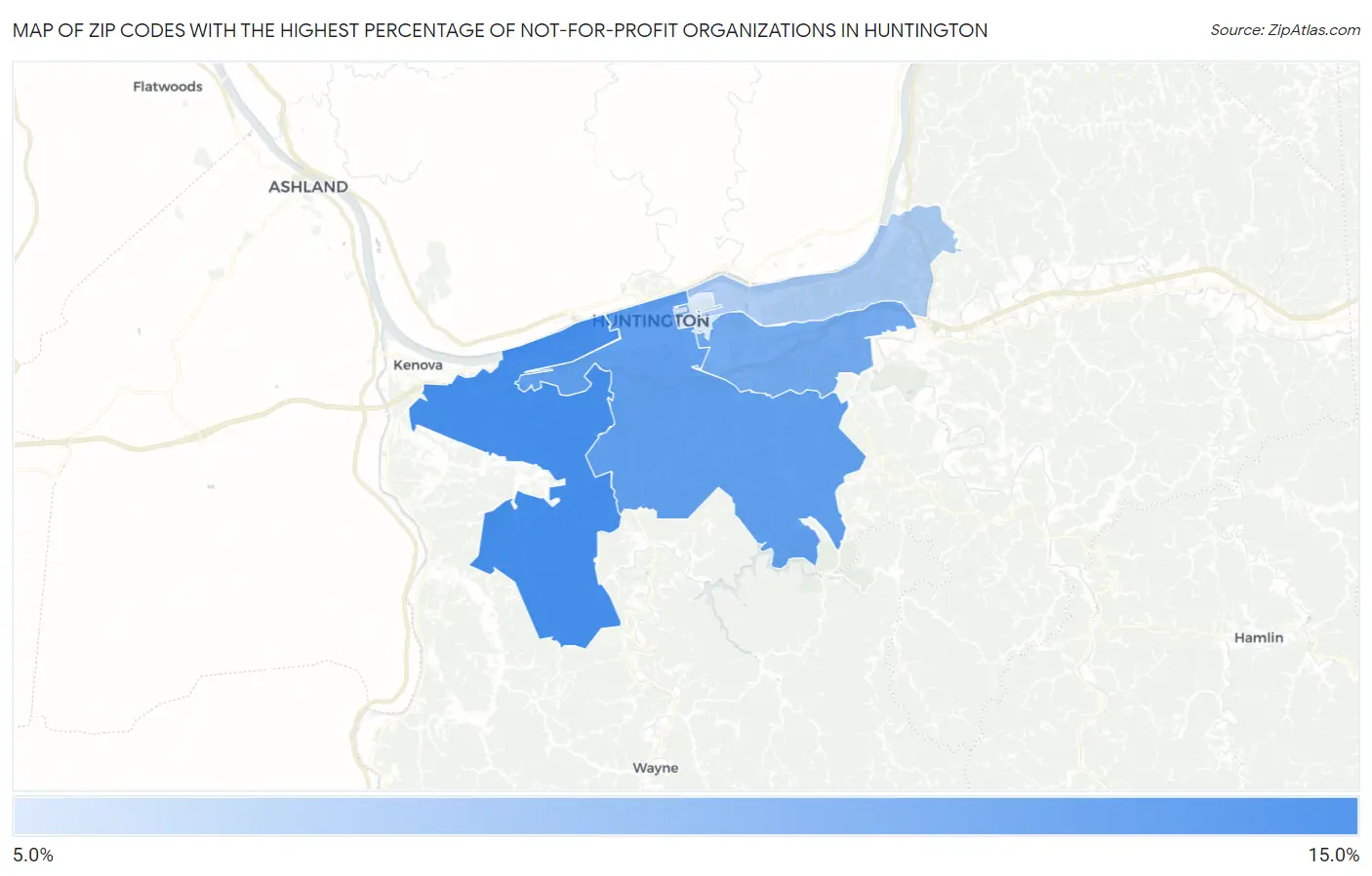 Zip Codes with the Highest Percentage of Not-for-profit Organizations in Huntington Map
