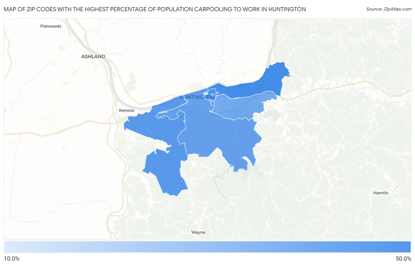 Zip Codes with the Highest Percentage of Population Carpooling to Work in Huntington Map