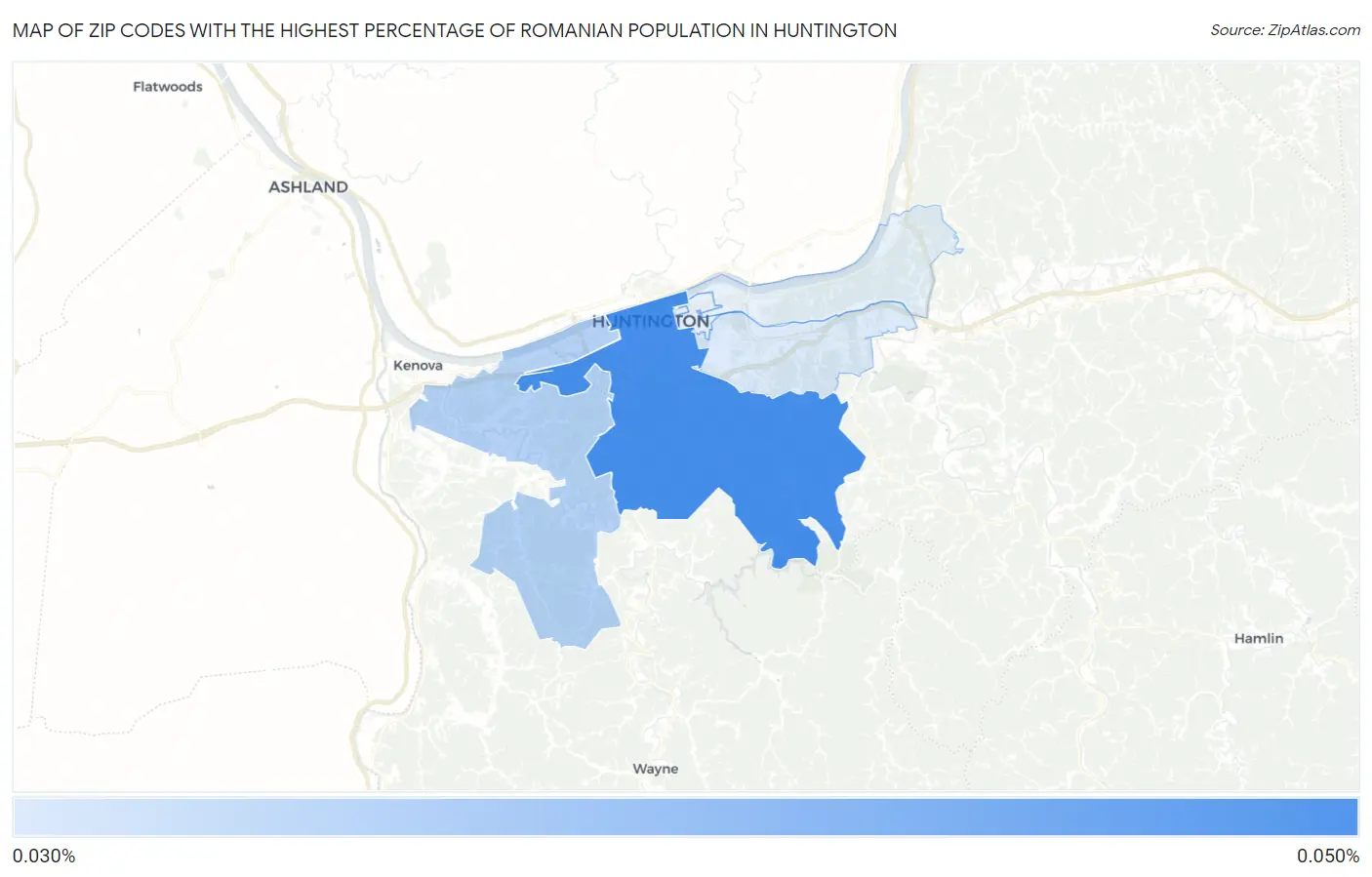 Zip Codes with the Highest Percentage of Romanian Population in Huntington Map