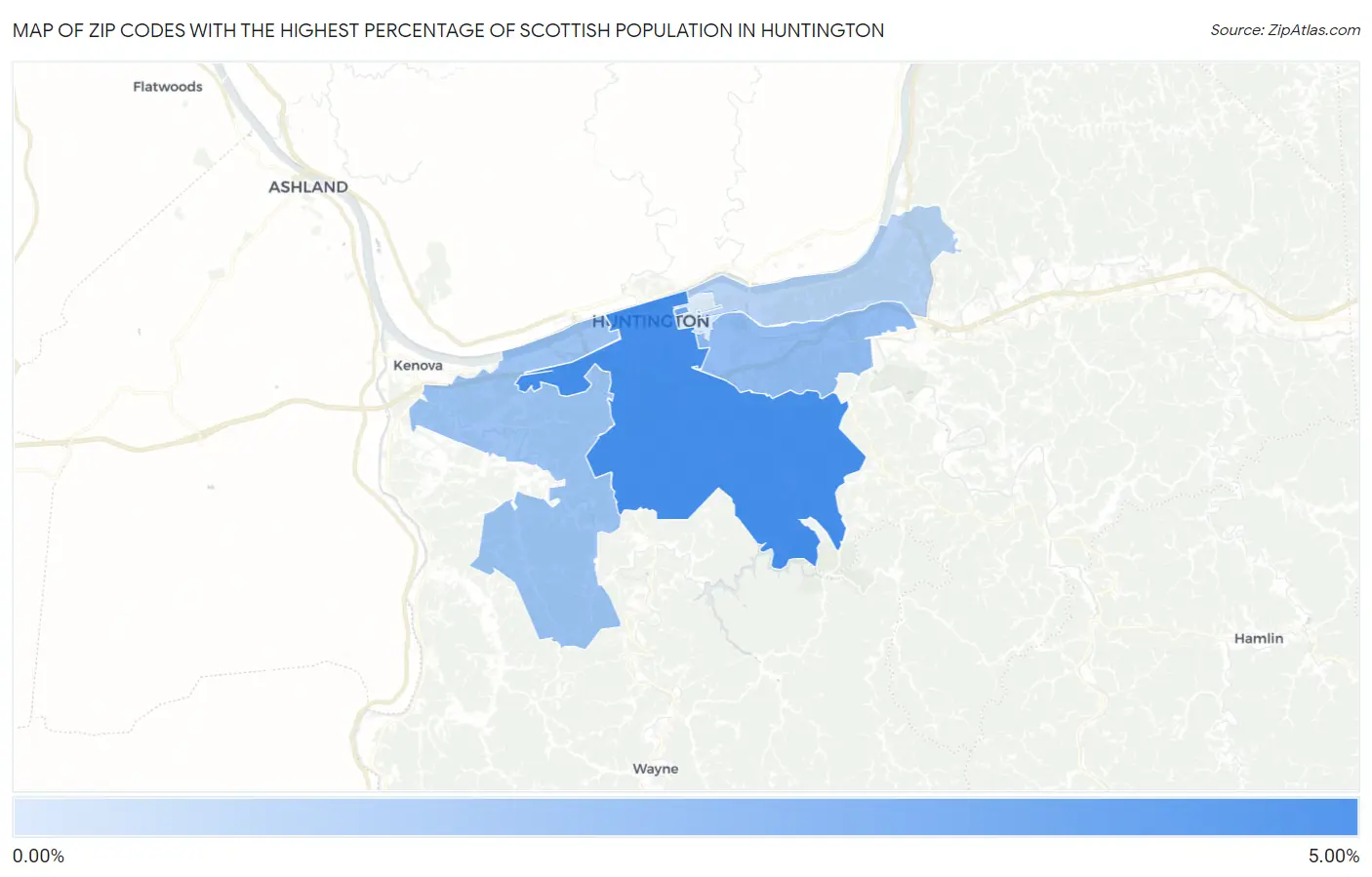Zip Codes with the Highest Percentage of Scottish Population in Huntington Map