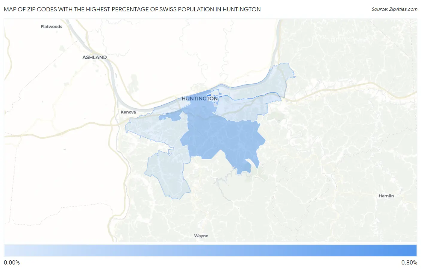 Zip Codes with the Highest Percentage of Swiss Population in Huntington Map