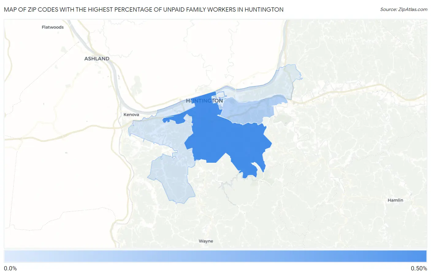 Zip Codes with the Highest Percentage of Unpaid Family Workers in Huntington Map