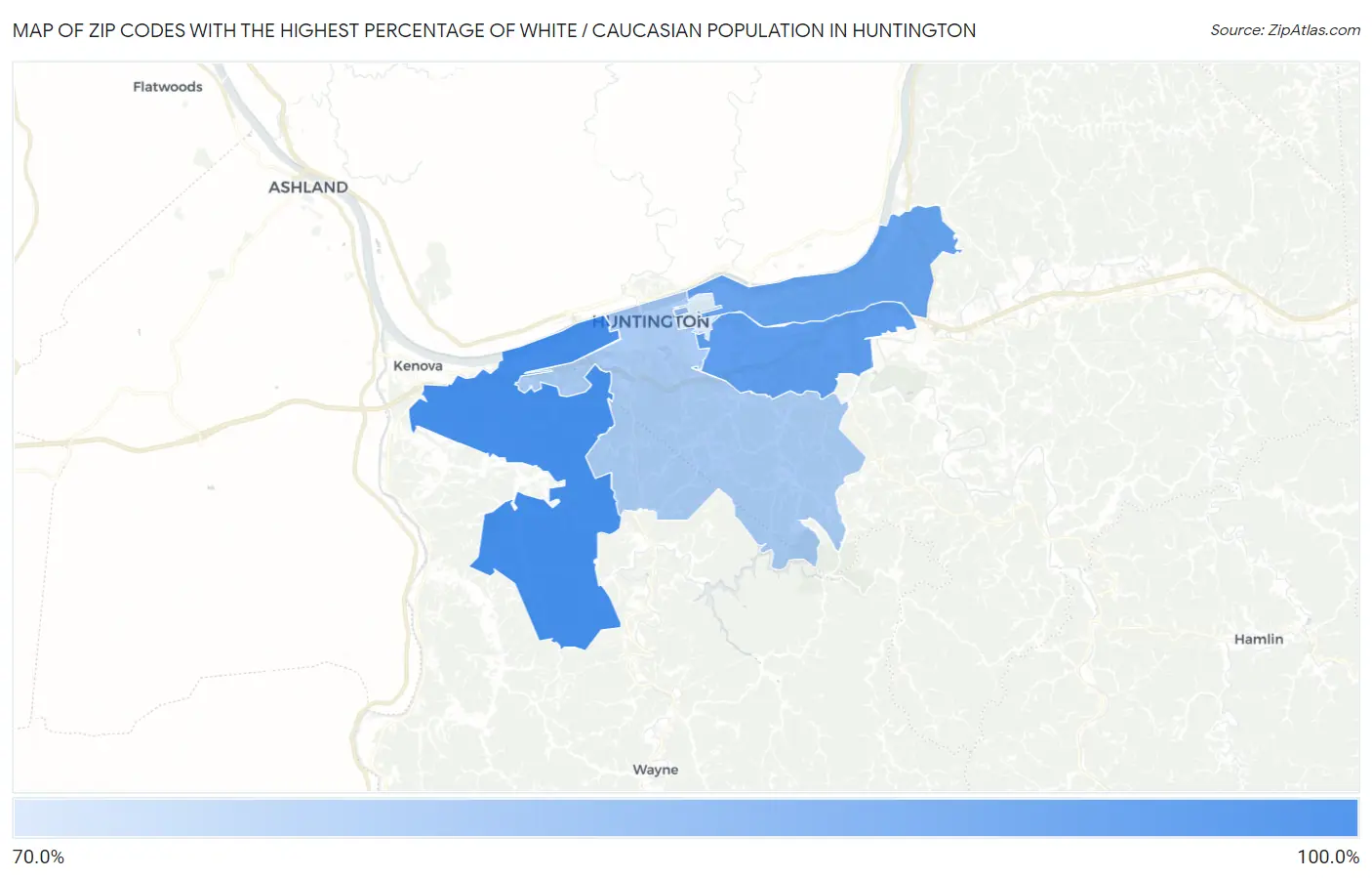 Zip Codes with the Highest Percentage of White / Caucasian Population in Huntington Map