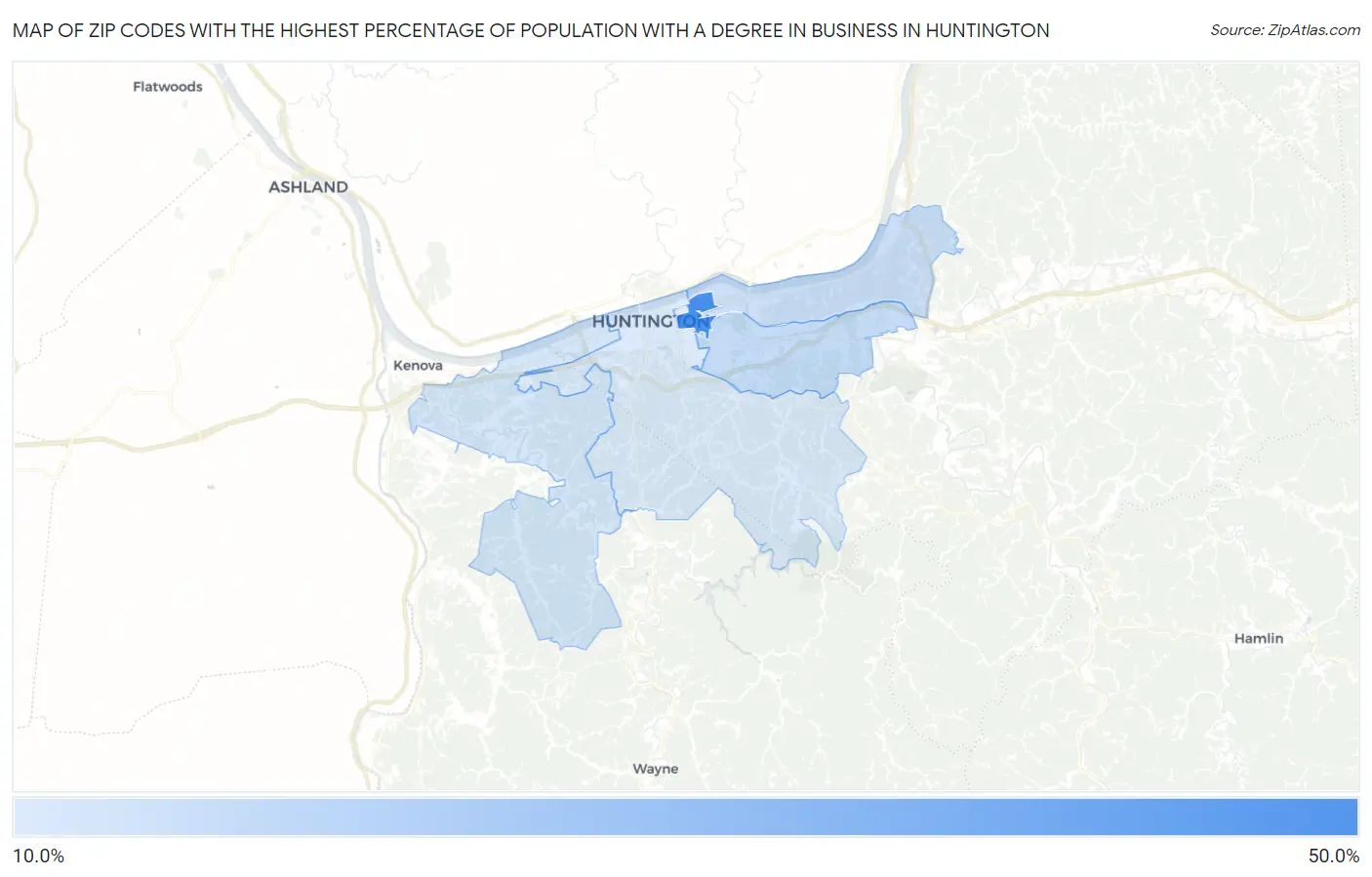 Zip Codes with the Highest Percentage of Population with a Degree in Business in Huntington Map