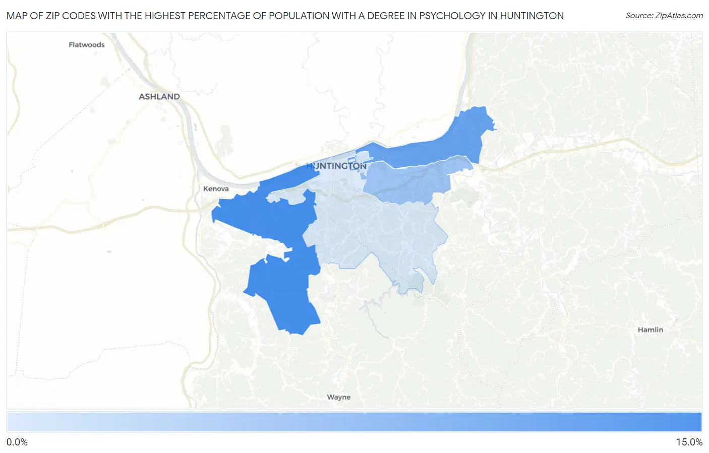 Zip Codes with the Highest Percentage of Population with a Degree in Psychology in Huntington Map
