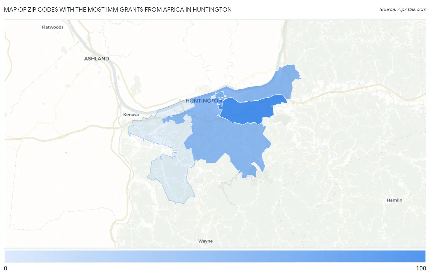 Zip Codes with the Most Immigrants from Africa in Huntington Map