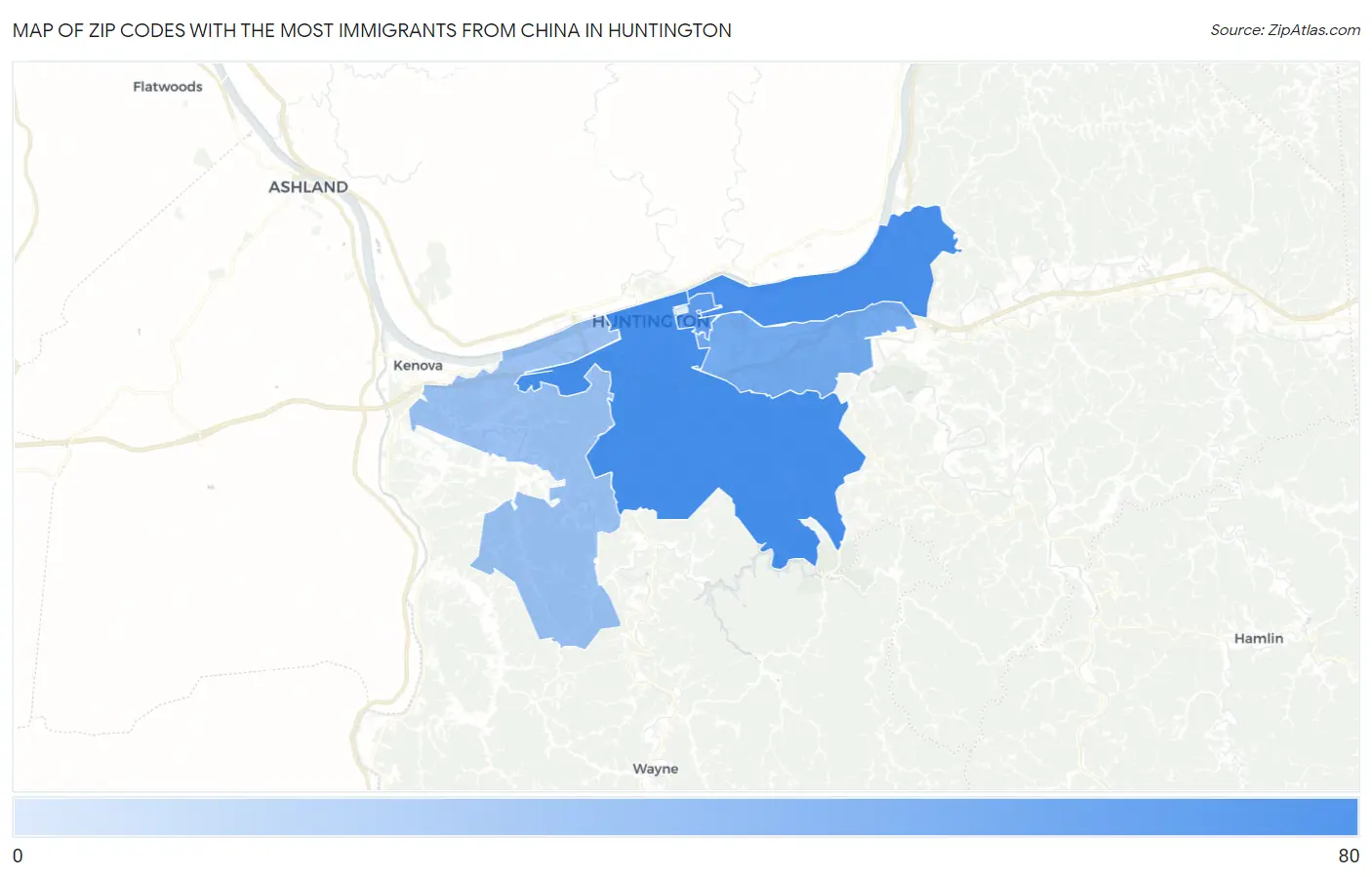Zip Codes with the Most Immigrants from China in Huntington Map