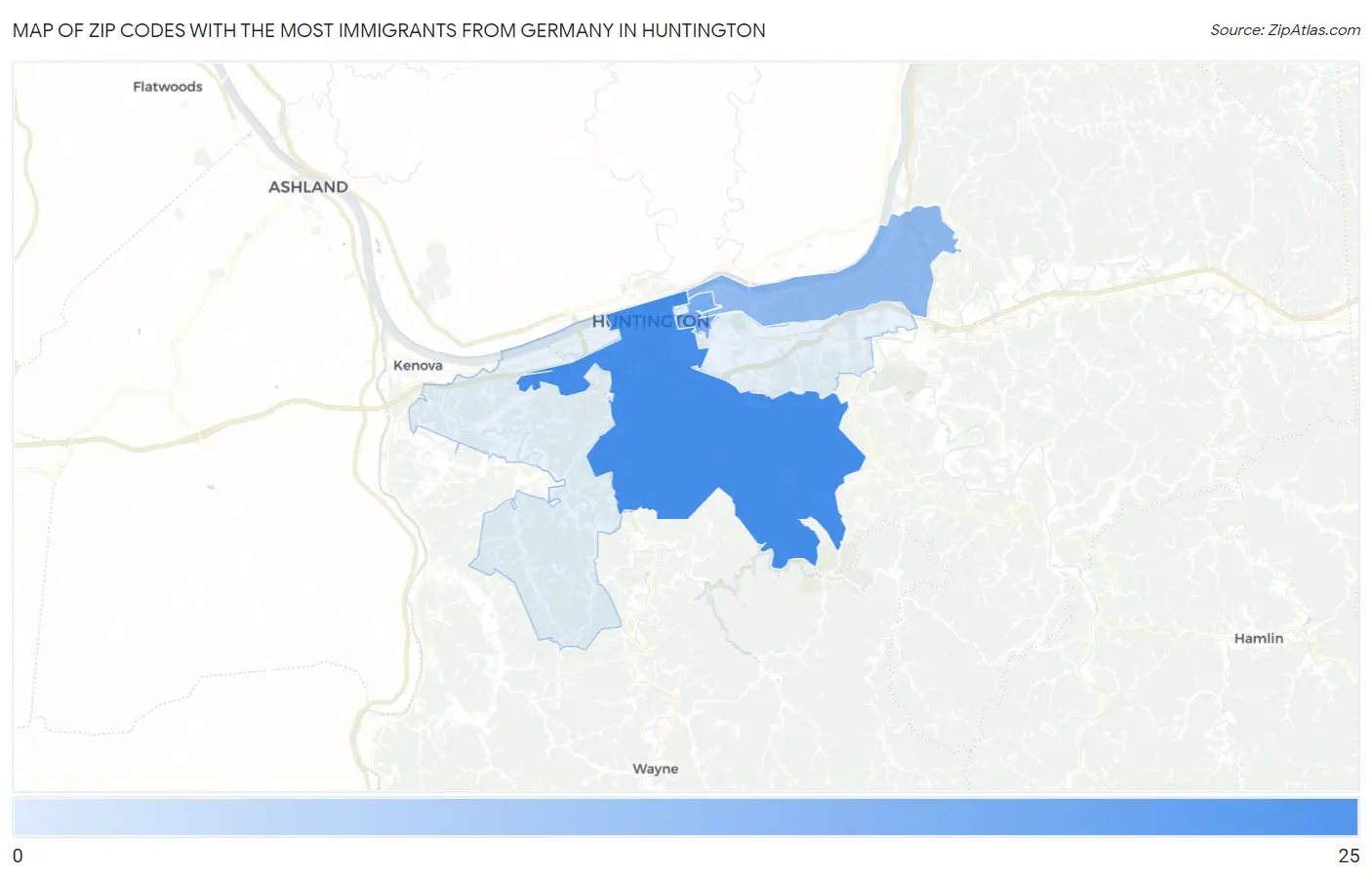 Zip Codes with the Most Immigrants from Germany in Huntington Map