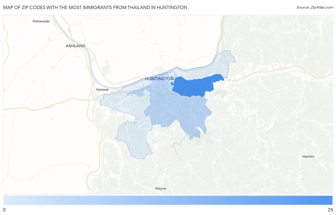 Zip Codes with the Most Immigrants from Thailand in Huntington Map